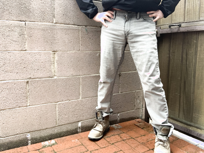 Found the work shoes in dumpster near construction site and smallish shorts near a school.