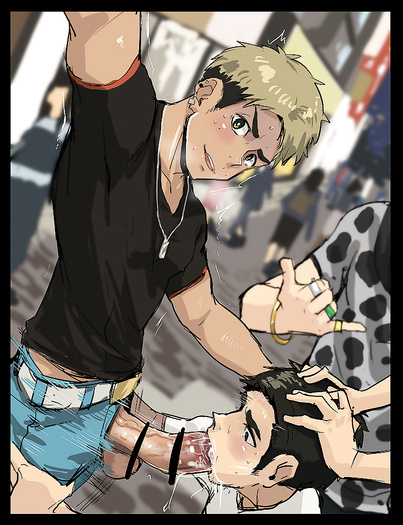 Asian men erect in public