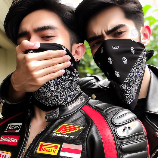 Asian man wearing leather jacket and bandana