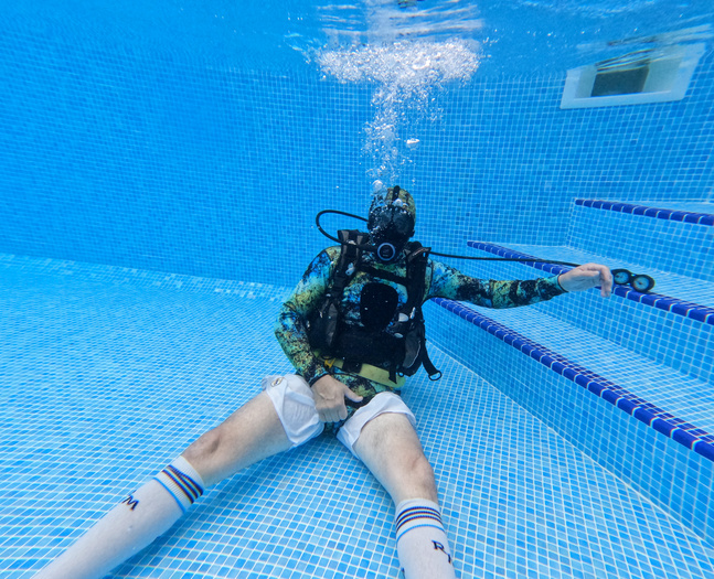 Pool day in wetsuit and footy kit using scuba gear