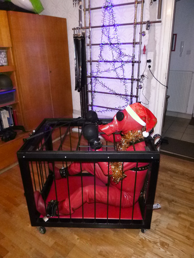 Caged red rubberslave as the master's gift.