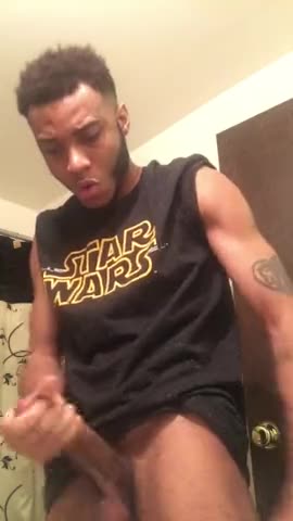 Cute black college twink stroking his fat cock